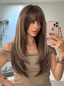 22 Inch Deep Natural Looking Synthetic Material Machine Made Wigs for Women, Long Straight Layered Hairstyle Glueless Wig with Bangs, Glue-free Design Straight Layered Wigs for Everyday Wear