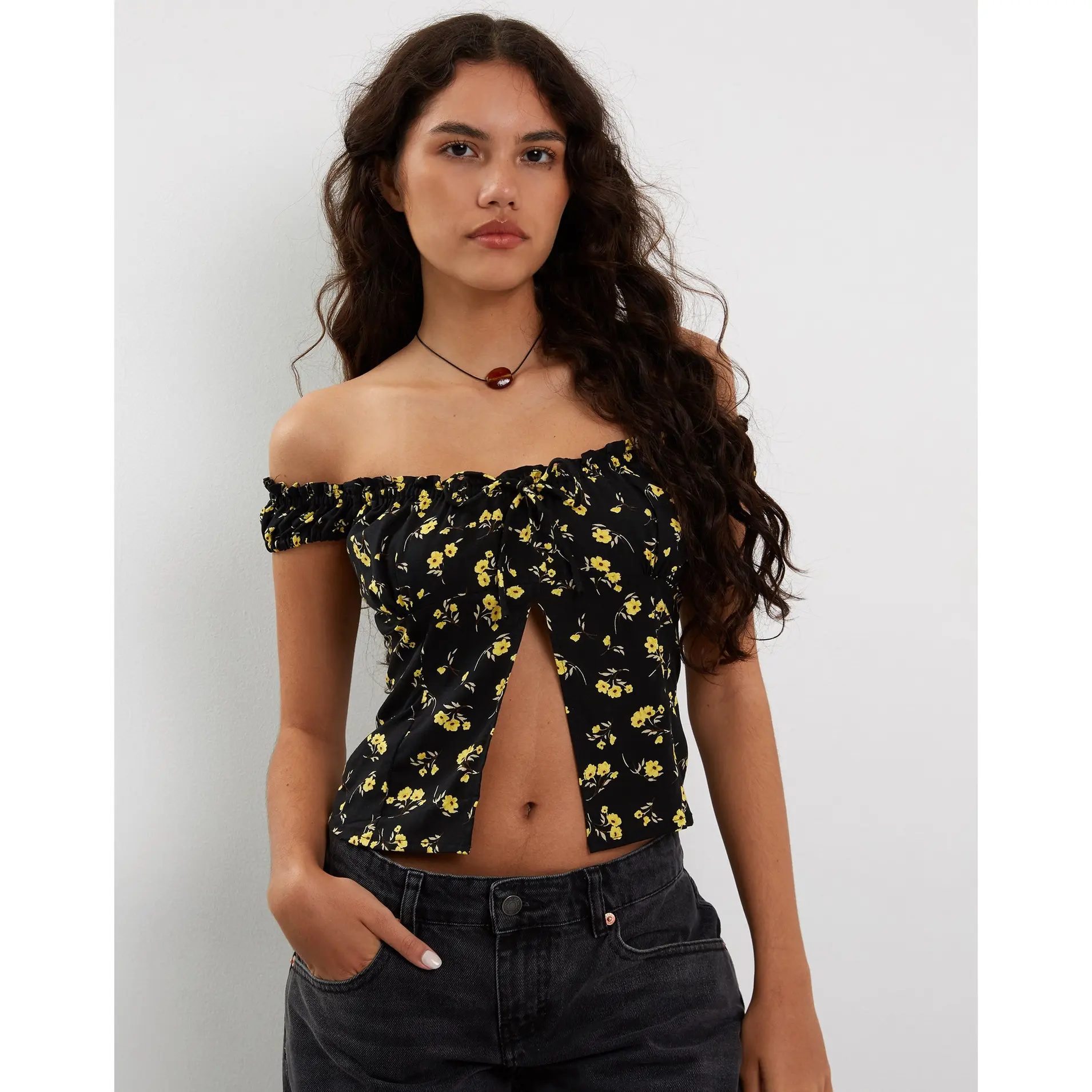 Citra Bardot Frill Top in Buttercup Black Yellow