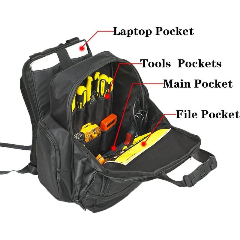 Tool Bag Backpack - & Organizer for Contractor, Electrician, Plumber, HVAC, Large Front Flap Fit 13" -17" Laptops Notebook, Black