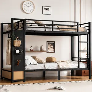 ARCH Twin XL Metal Bunk Bed with Storage Shelves Drawers and Pegboard Black MDF+Metal Frame for Teens Dorm Room Small Apartment Space-Saving Multi-Functional Bed with Coat Rack and Headboard Shelf, Twin XL Size Options, Black Color Options