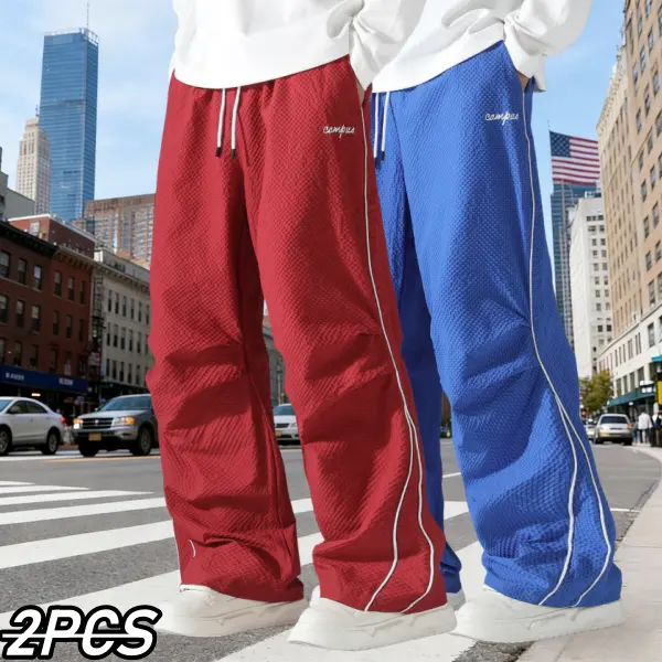 Spring/Summer New American High Street Vintage Techwear Pants Set for Men – Two Piece Athletic Casual Loose Straight Leg Trackpants, suitable for everyday wear and home use comfortable breathable casual wear Loose Fit Drawstring Embroidered Sweatpants ti