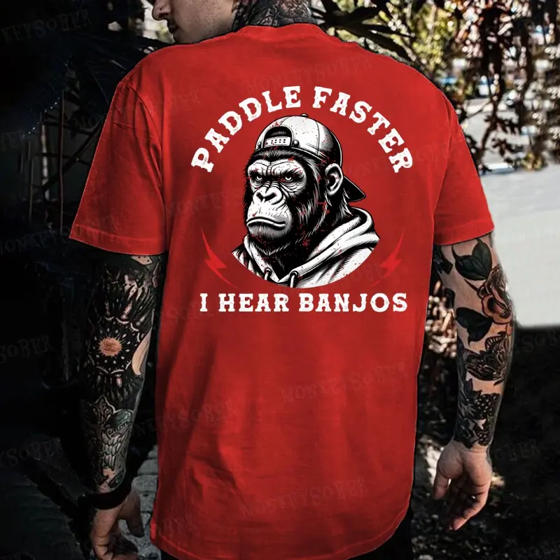 Monkeysober Paddle Faster I Hear Banjos Monkey Casual Cotton T-shirt Men's Short Sleeve Crew Neck Summer Tops US Standard Fit graphic tee wicked merch men's t shirts 90s graphic tees graphic t-shirts christmas t shirts funny t shirt christmas t shirts