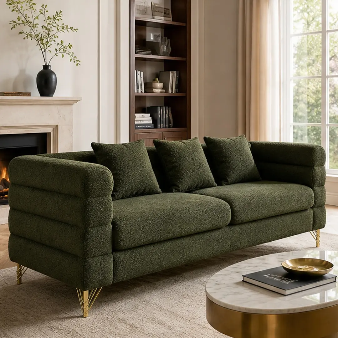 ARCH 81 Inch Oversized 3 Seater Sectional Sofa for Living Room, Green Teddy Fabric Couch with 3 Lumbar Pillows, Deep Seating Sofa with Gold Metal Legs, Comfortable Sofa for Living Room Bedroom Office, Green Color Options, Fabric Material