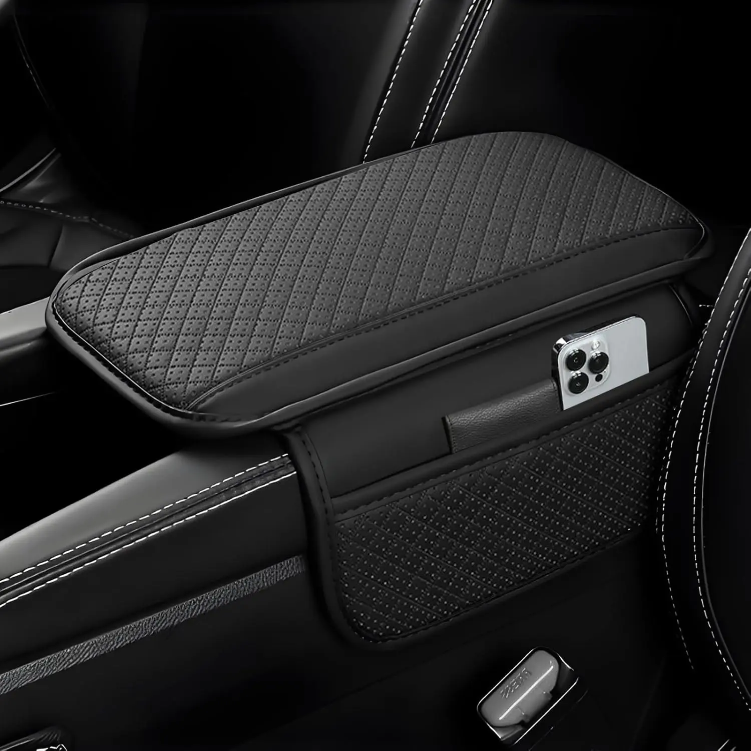Upgraded Car Center Console Cover,Microfiber Leather Car Armrest Cover Cushion With 2 Storage Bags,Universal Car Armrest Storage Box Car Interior Accessories for Most Vehicles (Black)