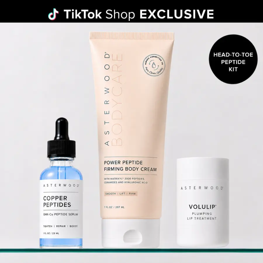 Asterwood Head-to-Toe Peptide Kit – Copper Peptides Serum, Firming Body Cream & Volulip Plumping Lip Treatment