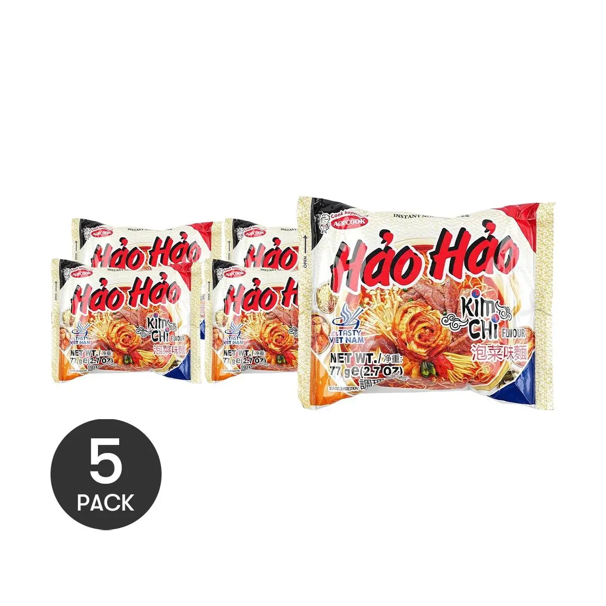 Acecook Vietnam Hao Hao Instant Noodles - Spicy Kimchi Flavor, 5x 75g Packs - Authentic Vietnamese Pho & Ramen Snack