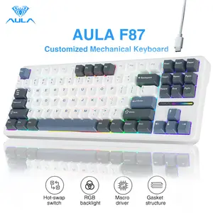 AULA F87 Custom RGB Backlit Mechanical Gaming Wired Keyboard, 75 Percent TKL Gasket Hot Swappable Keyboard with Detachable USB Cable Pre-lubed Greywood Switches,Keyboard for WINS/PC/Mac(White Blue)Creamy Budget Keyboard Office Computer Accessory springtok