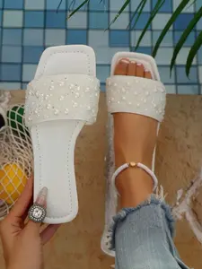 Elegant Pearl Decorated Flat Sandals, Square Toe Office Daily Shoes, Comfortable Casual Footwear for Women
