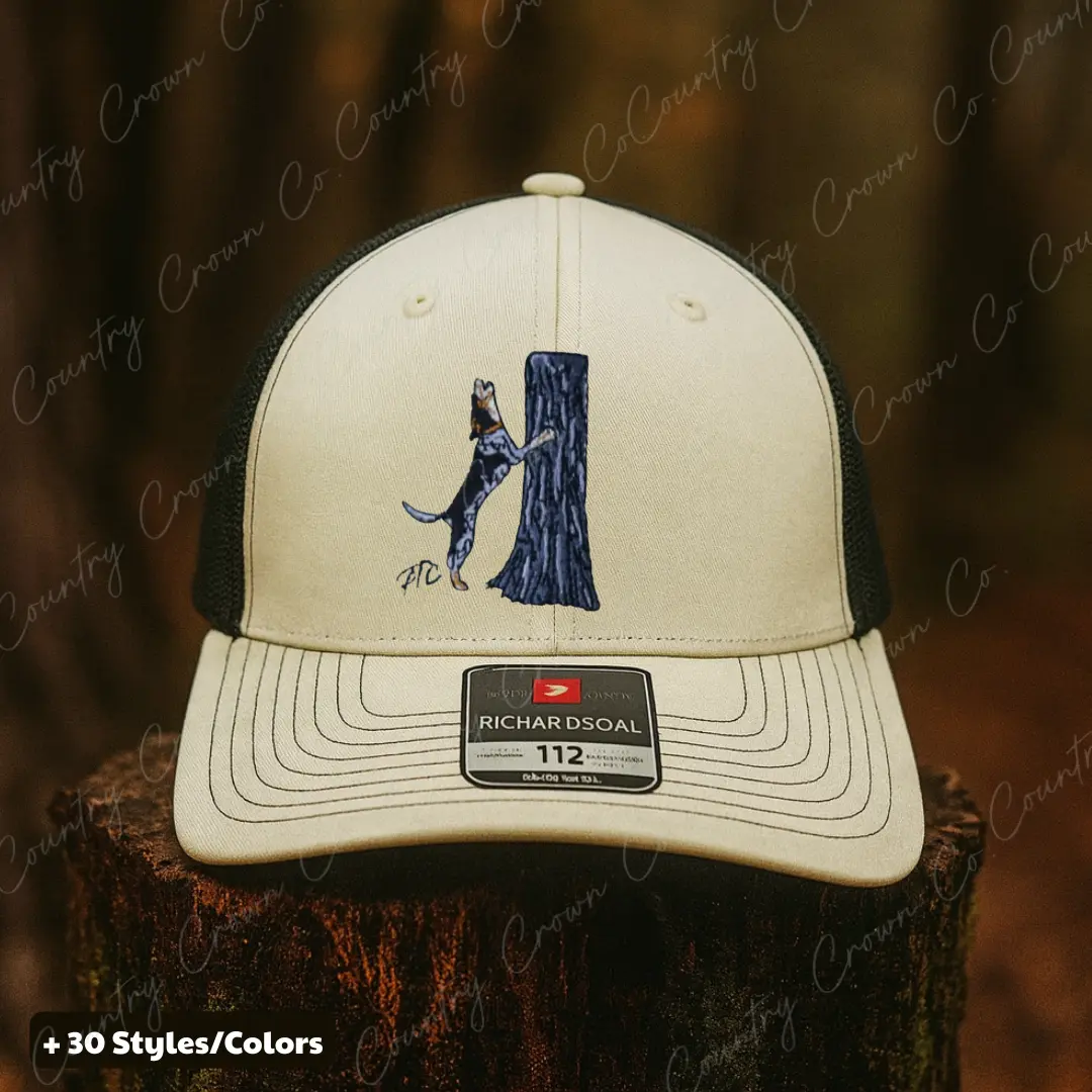 Coon Hunting Trucker Hat, 57 Panel Camo Brim Snapback, Treeing Coonhound Embroidered Hat for Men, Outdoor Hunting Dog Cap, Adjustable Mesh Back, Country Hunter Style Hat