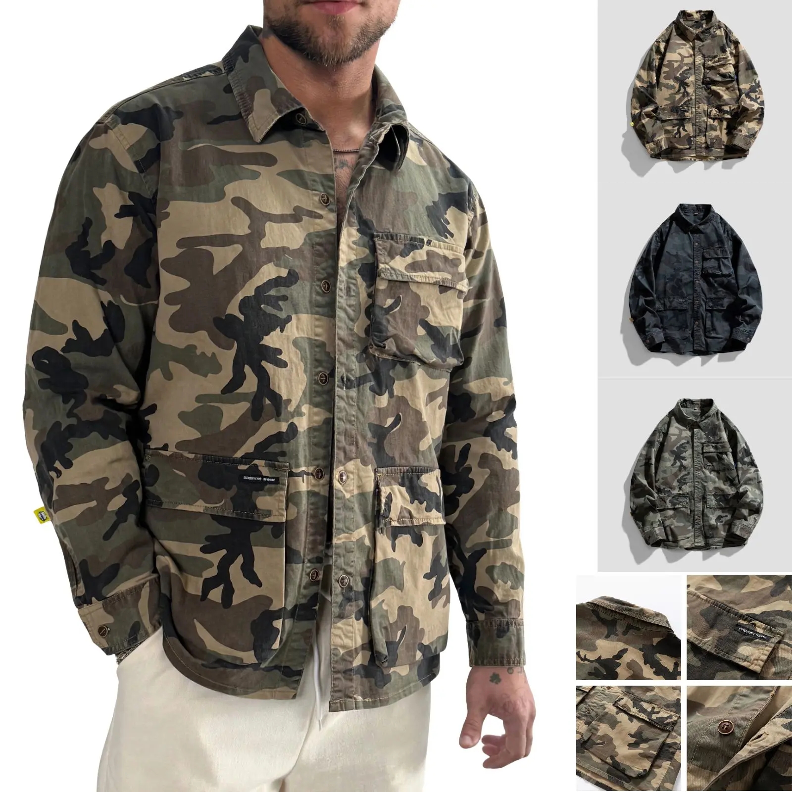 Men's Camouflage Collared Neck Workshirt - Longsleeves, Loose-Fit, Button-Front Design, Vintage Stylish Casual Printed Tops with Pockets, XL
