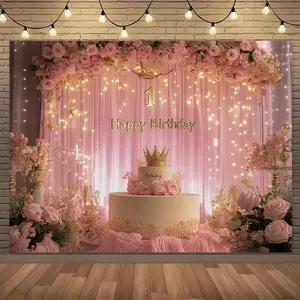 1pc 2D Flat Happy 1st Birthday Pink Floral Princess Party Backdrop, Elegant Romantic Style, Durable Polyester, Perfect for Birthdays, Baby Showers, Weddings, Graduations, Studio Photography, Indoor Banners Flower Ornaments White