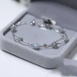 Genuine 925 Sterling Silver Inlaid Bracelet, Double Layers Moonstone Bracelet, Minimalist Gemstone Jewellery, Gift for Mum, Lady, Sister, Girlfriend, Anniversary Gift, Birthday Gift, Valentine's Day Gift bracelets for women bracelet stack