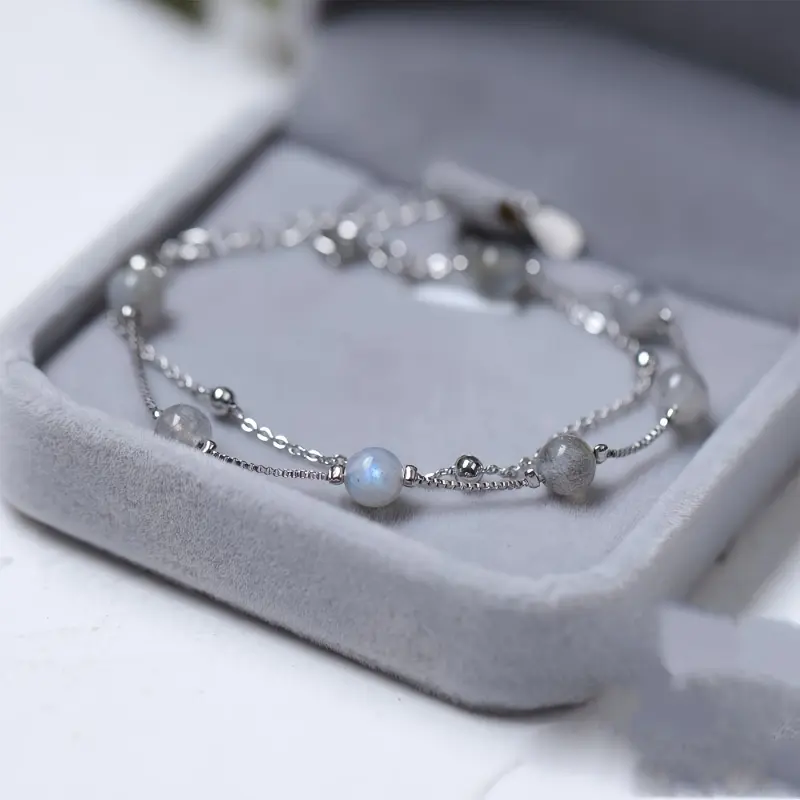 Genuine 925 Sterling Silver Inlaid Bracelet, Double Layers Moonstone Bracelet, Minimalist Gemstone Jewellery, Gift for Mum, Lady, Sister, Girlfriend, Anniversary Gift, Birthday Gift, Valentine's Day Gift bracelets for women bracelet stack