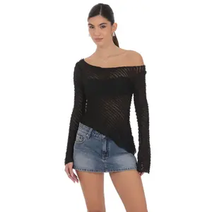 Ruffle Asymmetrical Sheer Lace Top in Black