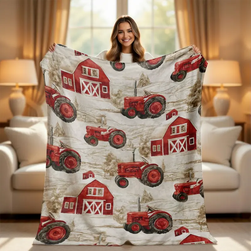 Vintage Red Tractor Throw Blanket - Soft Plush Fleece Country Cottage Blanket, Retro Farmhouse Barn Rustic Decor, Cozy Bedding Gift for Farm Lovers, Country Cottage Blankets