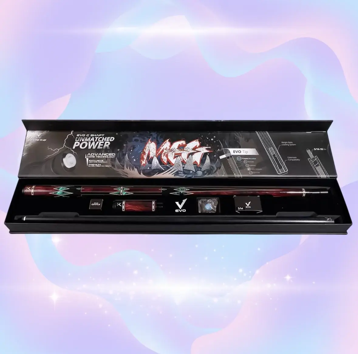 EVO MEG MaxBing Edition - Crimson Jaw Premium Pool Cue Kit, Glass Fiber Shaft, Carbon-Glass Butt, 12.5mm EVO Tip, 29" + 4" Extension, Wrapless Grip, 5/16-18 Joint