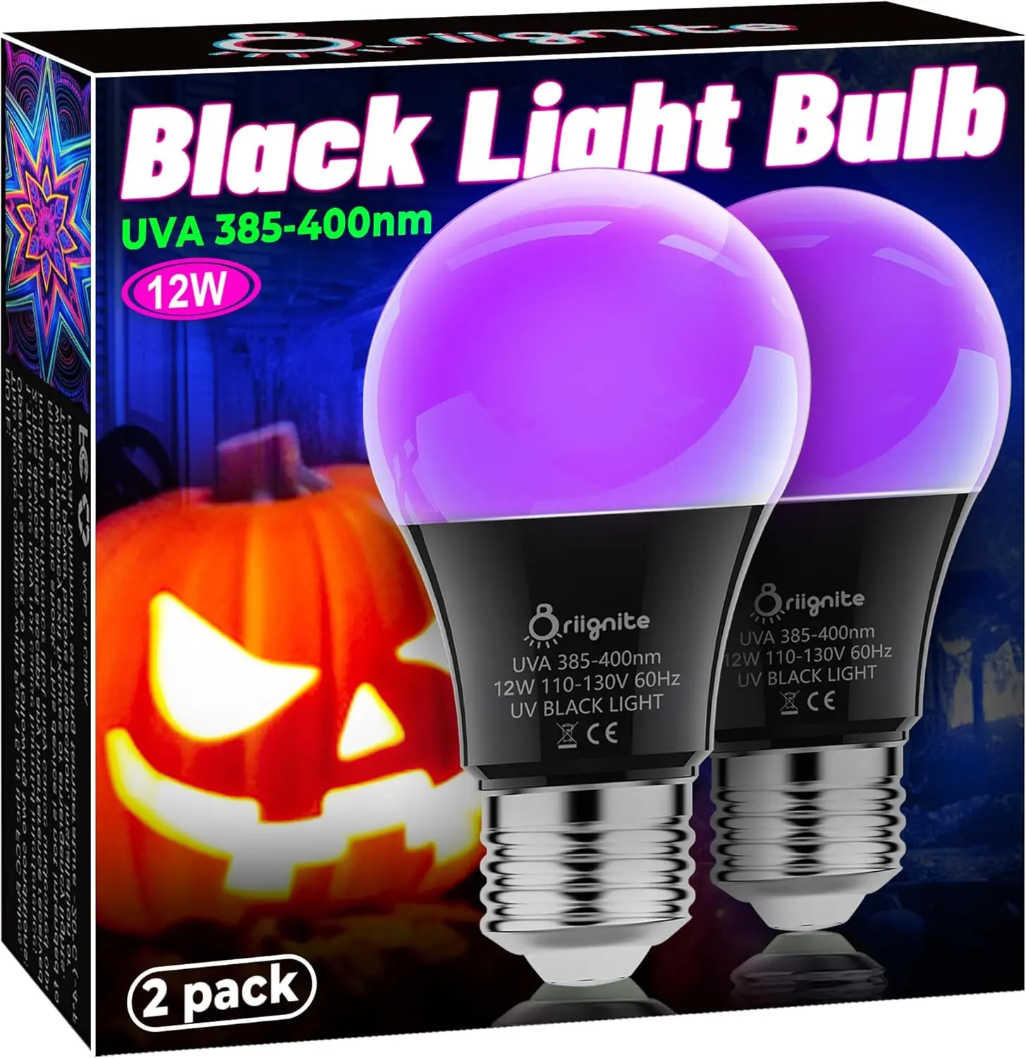 Black Light Bulbs, 12W LED Black Light Bulb for Halloween Decoration, UVA 385-400nm UV Black Light, A19 Blacklight Bulb for Glow in Dark, Body Paint Fluorescent Poster Glow Party, 2 Pack