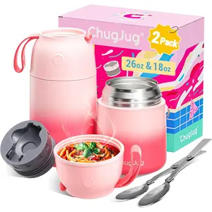 2 Pack Insulated Food Jar Set, 26oz & 18oz Stainless Steel Vacuum Insulated Soup Containers for Hot Food, Leak-Proof Thermal Food Jars with Spoons, Cute Stylish Design for School, Work & Travel (Pink)