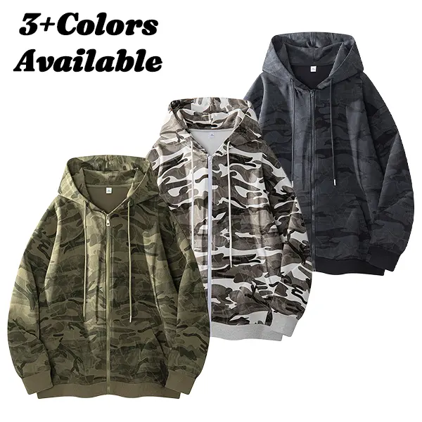Men’s regular loose hooded camouflage sweatshirt jacket for mature men; skin-friendly knit fabric with an adjustable drawstring hood circumference, ribbed cuffs at sleeve ends, and a front zipper closure. Suitable for everyday autumn commuting and urban t
