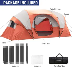 HIKERGARDEN 10 Person Camping Tent - Portable Easy Set Up Family Tent for Camp, Windproof Fabric Dome Tent Outdoor for Hiking, Backpacking, Traveling-14'x11'x74in(H)