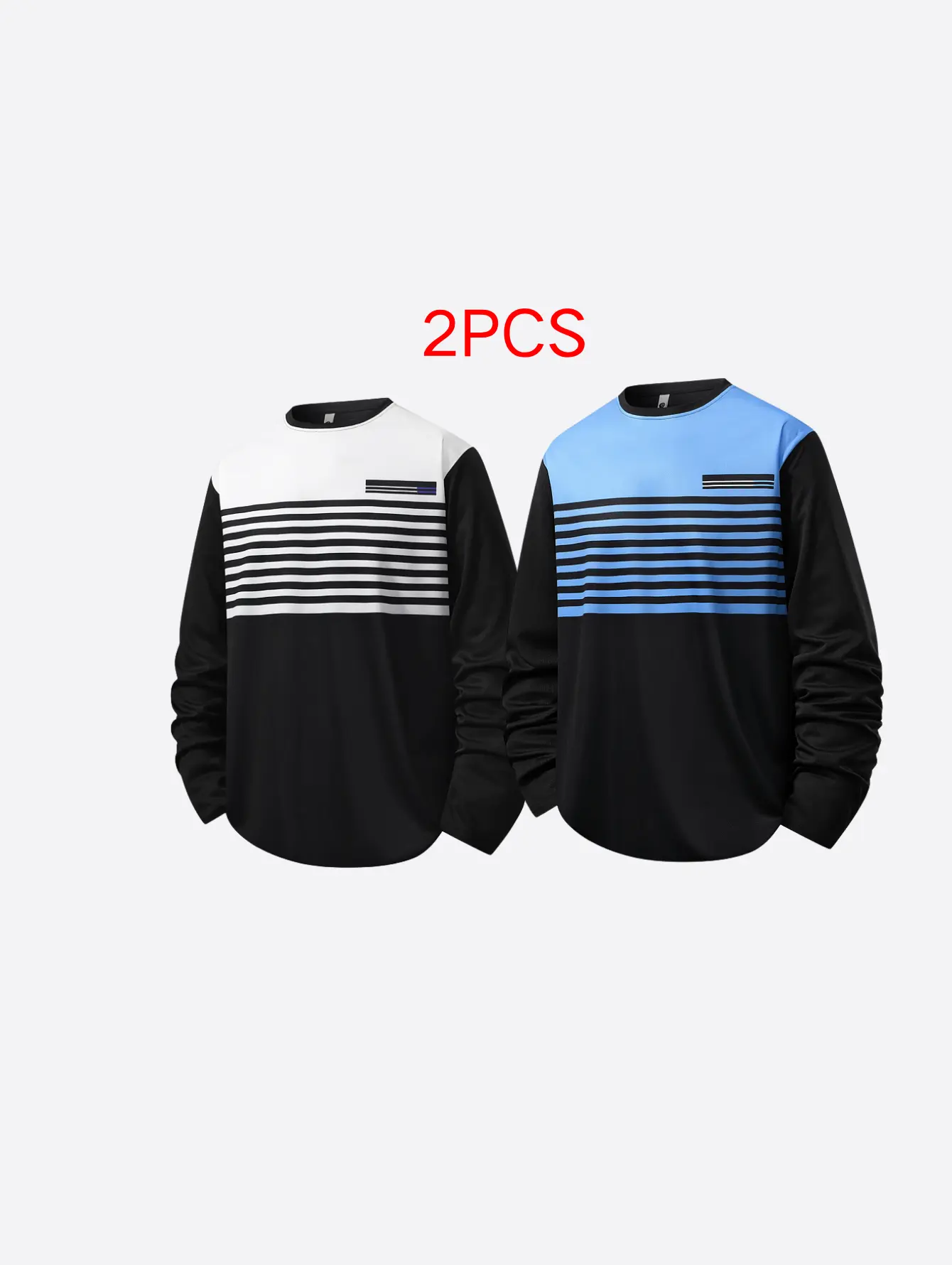 Crewneck pullover long-sleeve T-shirt with drop shoulders, horizontal striped patchwork print, full-length visible topstitching throughout, relaxed straight waistline, curved rounded hem, breathable, drapey, skin-friendly fabric, no front opening or butto