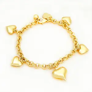 Women's Gold-Tone Plated Heart Charm Bracelet, Arab-Style Costume Jewelry with Glossy Finish, Daily Wear Fashion Accessory