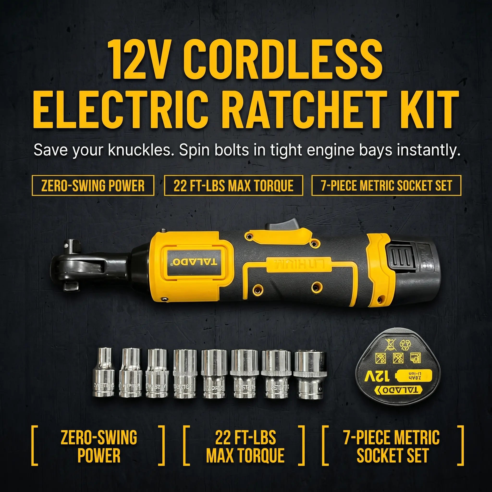 TALADO 12V Cordless Electric Ratchet Wrench Set, 3/8" Drive Power Ratchet Kit with 2.0Ah Battery, Charger, 7 Metric Sockets & Extensions for Car Repair