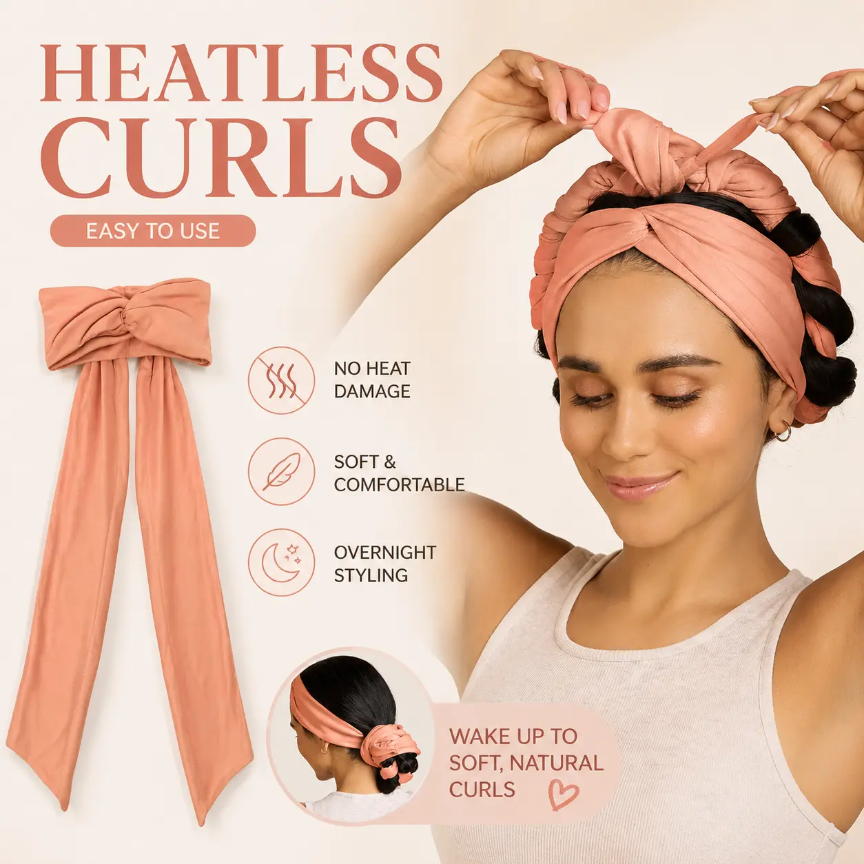 New Heatless Curling Headband For Women.Soft elastic hair wrap creates beautiful curls overnight without damaging hair, ideal for sleeping and yoga workouts.Skin-friendly lazy hair styling tool, no-heat curler accessory for daily casual hairstyle making a