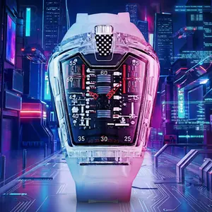 Luxury Sport Watches for Men Unique Transparent Barrel Shape Dial with Visible Gears Racing Style Quartz Wrist Watch with Soft White Rubber Band Cool Trendy Gifts for Him