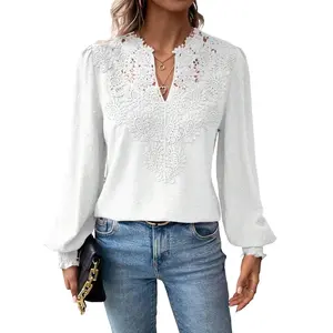 Women's Elegant Lace Crochet V Neck Shirt, Loose Fit Swiss Casual Dot Long Sleeve Blouse with Ruffle Cuff