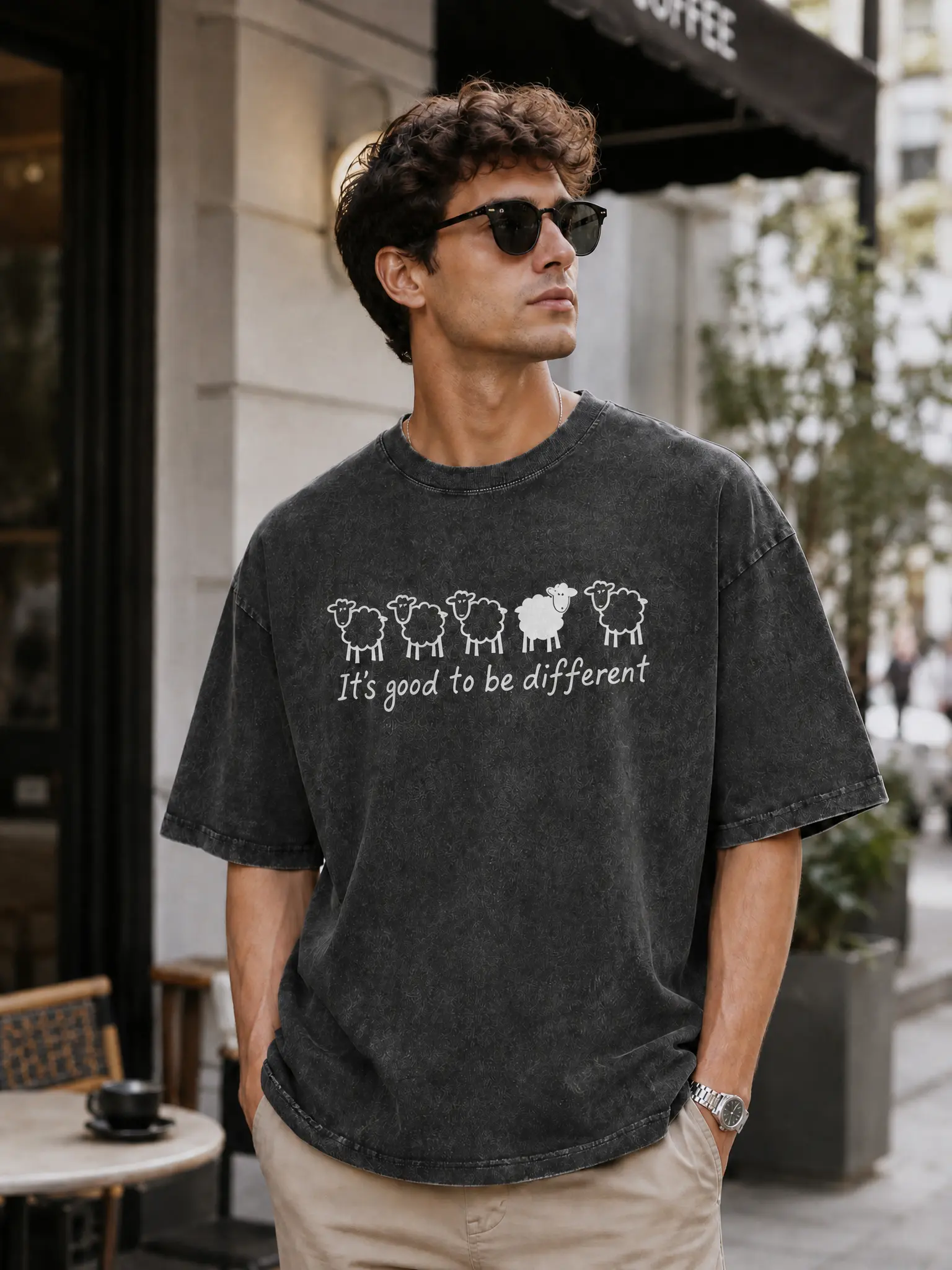 Vintage Washed Oversized Unique Sheep It's Good To Be Different Slogan DTG Printed Tee, Casual Short Sleeve Top,Cotton Fabric Suitable For All Seasons, DTG Printed No F Inspirational Daily Outfit Shirt, Cute Tops, Christmas & Birthday & Halloween Gift