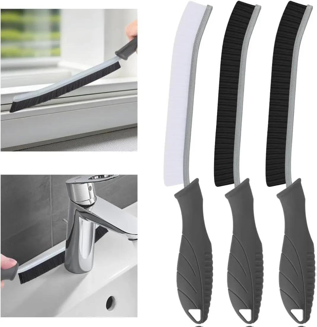 3Pcs Hard Bristle Crevice Cleaning Brush, Scrub Brush, Kitchen Sink Cleaning Brush, Grout Brush, Corner Brush Cleaning Tools for Toilet, Bathroom, Gap, Home, Household, Window (3, Grey)