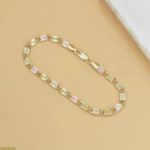 Women's 1-Gold Tri-Color Mariner Link Bracelet, Polished Floral Engraved Gold Chain, Dainty Elegant Sophisticated Jewelry Gift for Females, Ideal for Casual Wear