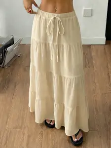 Women's Spring & Autumn Daily French Vacation Relaxed Adjustable Drawstring Multi Layer Ruffle A Line Flare Cake Midi Skirt Home Outdoor City Regular Trend Casual Elegant Youthful Simple Versatile Texture Stylish Literary