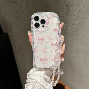 Bow Heart Pattern Transparent Anti-Drop Smartphone Case with Fashion Lanyard, Shockproof Durable Phone Cover for iPhone 6 7 8 9 X XS XR 11 12 13 14 15 16 17 PRO MAX PLUS Air mini, Stylish Protective Shell