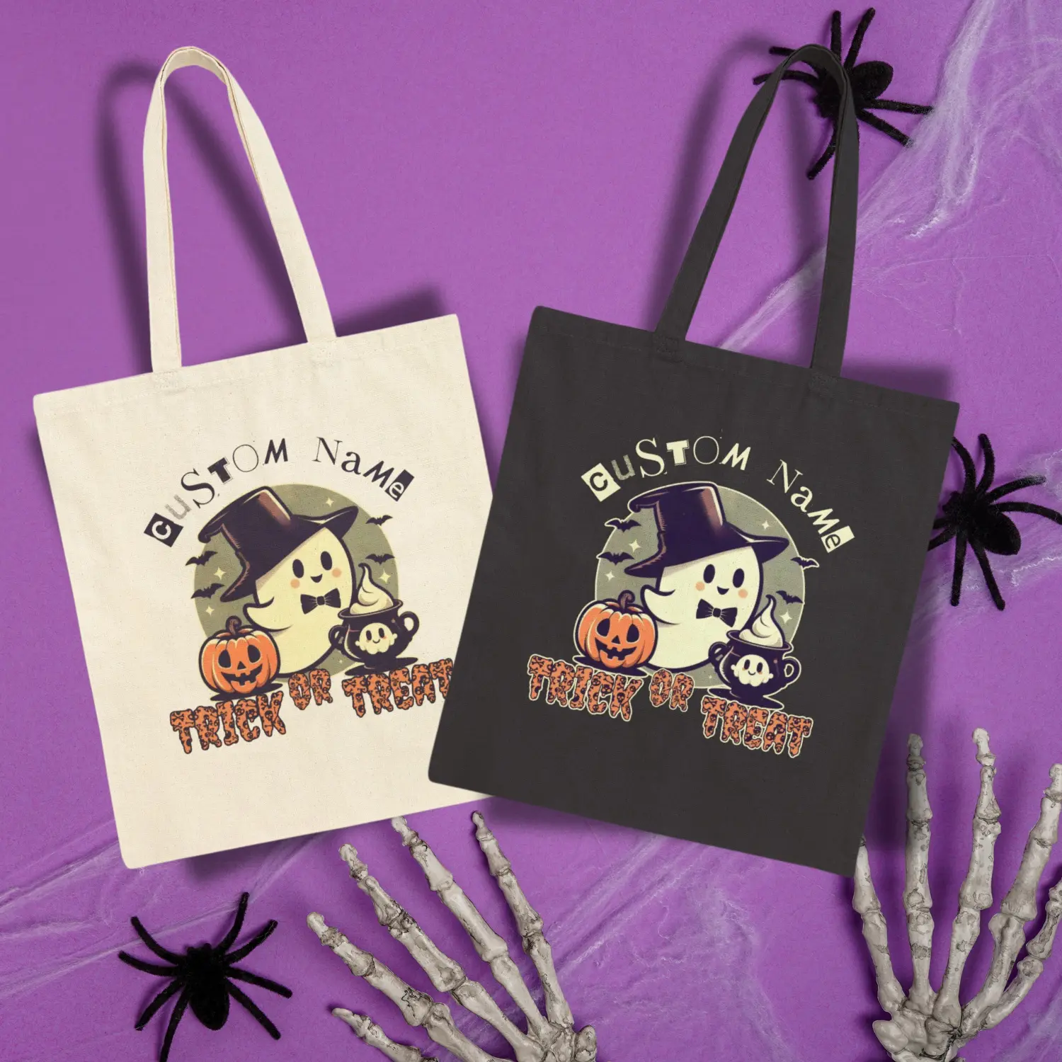 Personalized Trick or Treat Halloween Tote Bag for Kids, Customizable with Name, 100% Cotton Material, Natural/Black Color Options