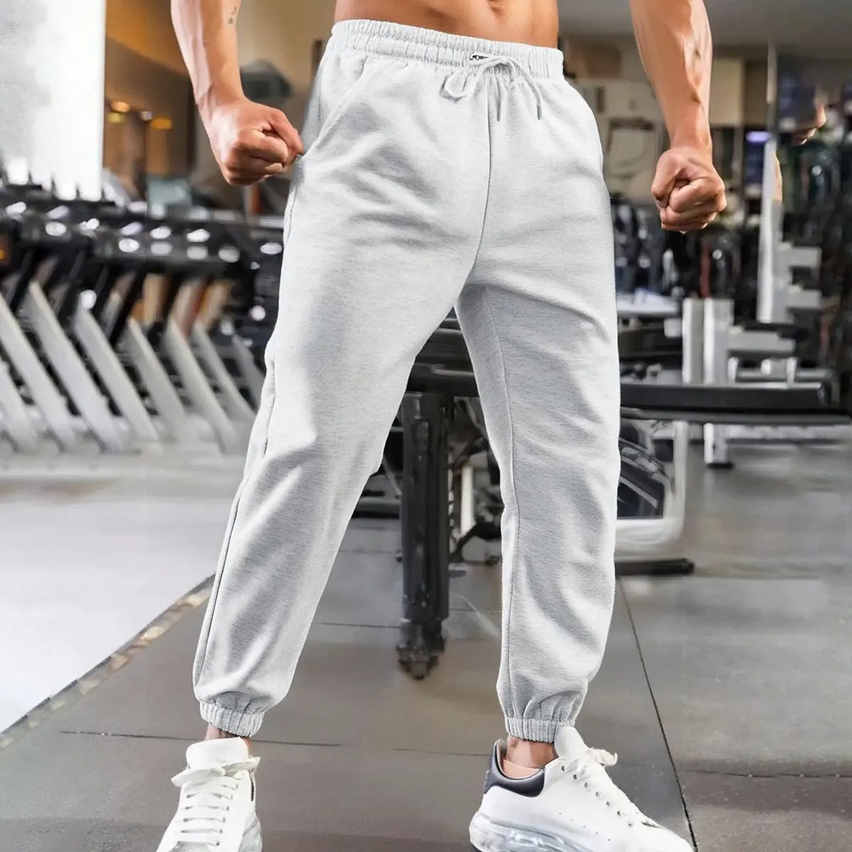 Men's Monochromatic Athleisure Pants - Spring & Autumn Regular-Fit Ankle-Length Comfy Multi-Sport Trousers, Elastic Waistband with Drawstring, Gray Men's Bottoms, Ankle Men's Pants, Athleisure Men's Pants