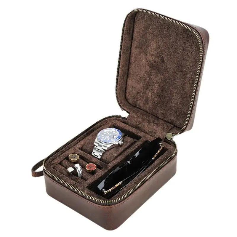Retro Crazy Horse Genuine Leather Multifunctional Storage Box - Zippered, Compartments, Drop-Proof, Durable, Portable Travel Watch Case & Eyeglass Organizer, Men's Gift