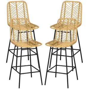 Four piece yellow woven rattan counter stools with steel legs fit kitchen island family daily dining