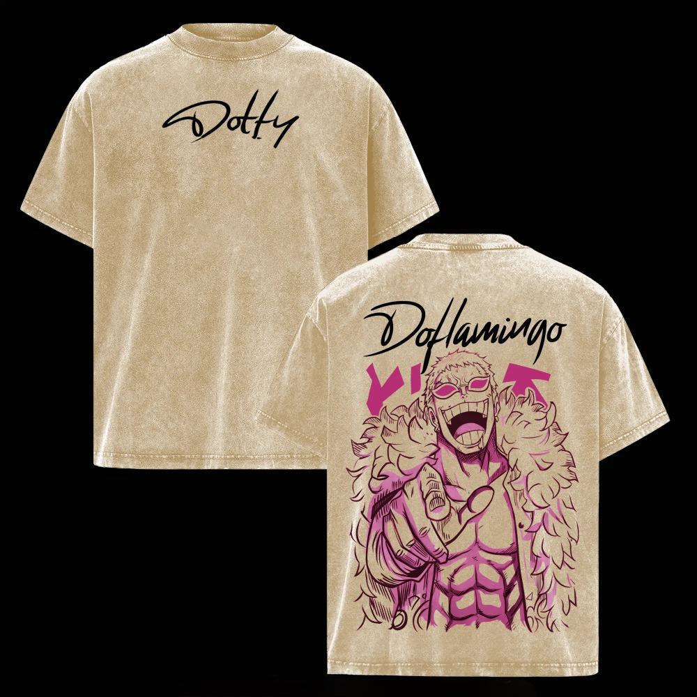 Doflamingo Retro Washed Oversized T-Shirt, Anime Retro Washed Acid Washed Heavyweight Pure Cotton Oversized Printed T-Shirt, Anime Streetwear, Retro Unisex Soft Pure Cotton Clothing
