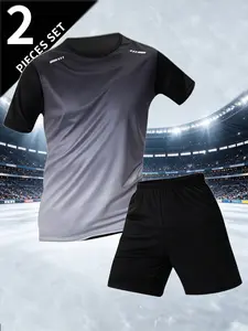 2-Piece Men's Sporty Round Neck Short Sleeve + Shorts Set, Summer Casual Home Wear, Gradient Color Athletic, Summer Activewear