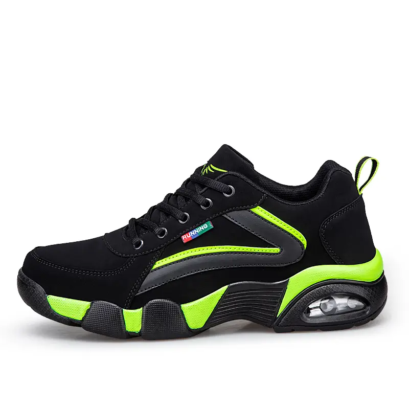 Men's Solid Color Leather Sporty Running Shoes - Black & Green, Lace-Up Ankle Runner Athletic Shoes, Lightweight Cushioned Athletic Performance Casual Trainers for Running, Training