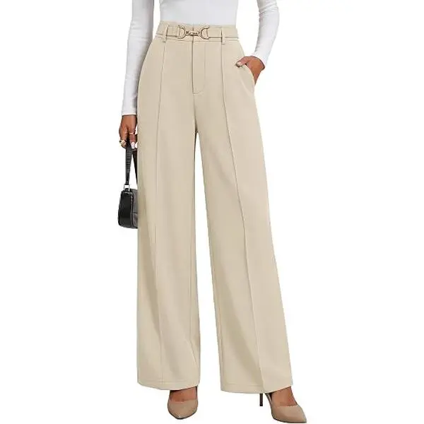 ZESICA Women's Wide Leg Tailored Casual Business Pants with Pockets | 2026 Work Office Trousers Slacks, Mid Rise, Metal Buckle Palazzo Pant, Professional Interview Outfits, Trendy Fall Clothes