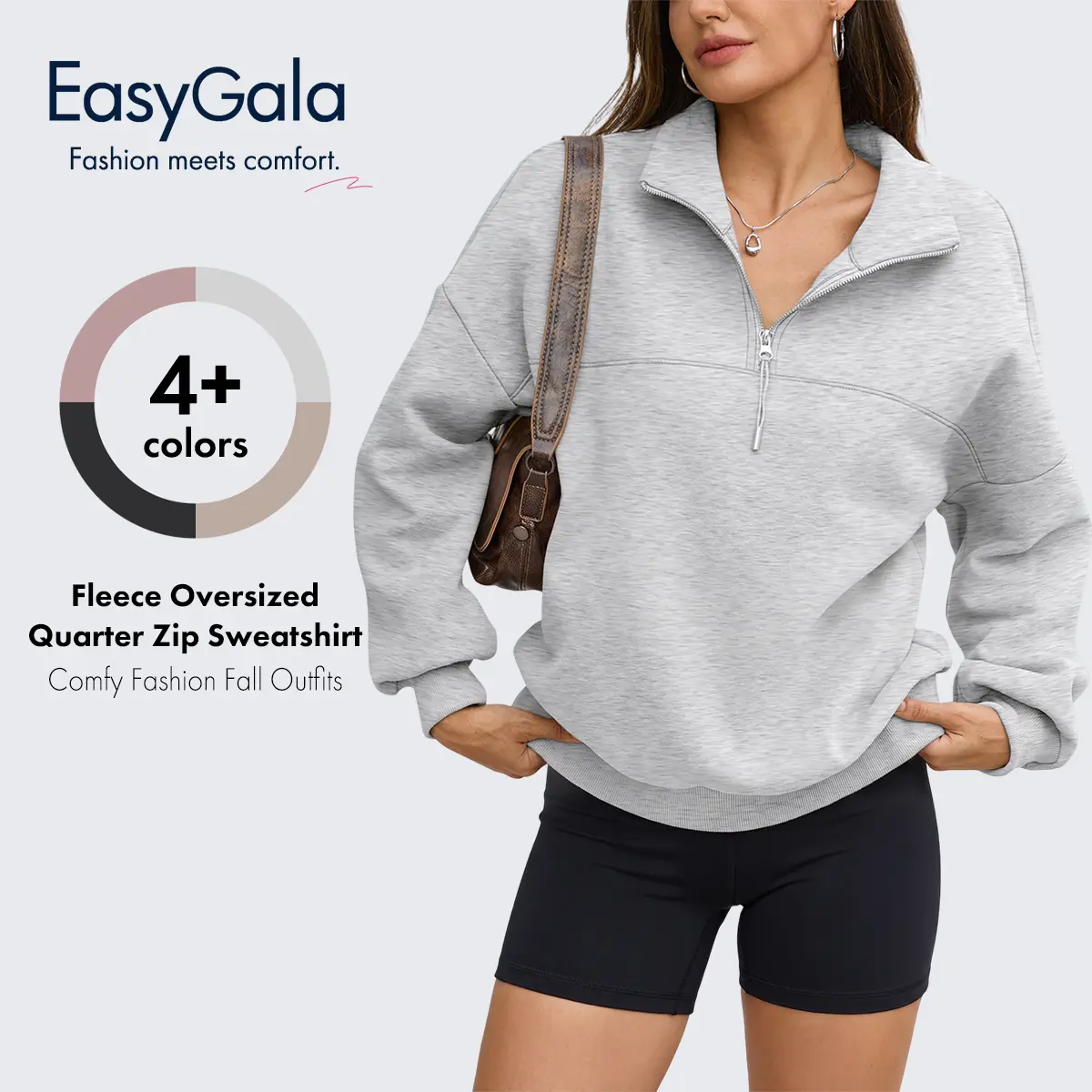 EASYGALA Women's Minimalist Oversized Mock Neck Quarter-Zip Pullover, Comfy Casual Fleece Long Sleeve Top, Soft Blend Adjustable 1/4 Zip Sweatshirt (Quarter Zips Included),back to school shopping,#sohochic, Fleece Pullovers, Mockneck Pullover Sweatshirt