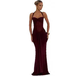 SULTRYGLOW Women's Sexy Halter Neck Ruched Dress - Sash Tie Bodycon Maxi Elegant Fashion Party Wedding Guest Outfit