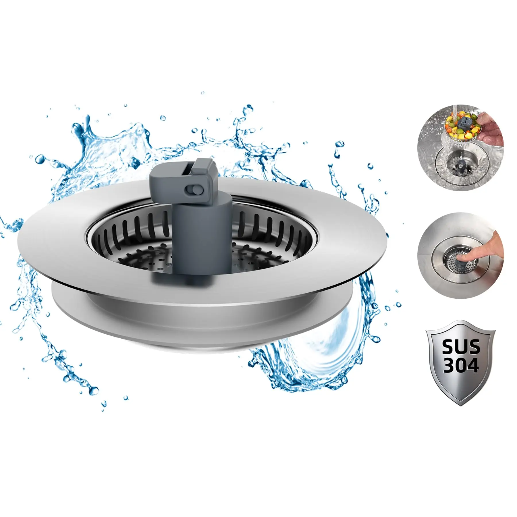 Hibbent 3 in 1 Kitchen Sink Drain Strainer, Stainless Steel Wrapped Shell Drain Stopper Combo, Pop Up Sink Stopper, Anti-Clogging Metal Basket Strainer with Handle for US Standard 3-1/2" Drain