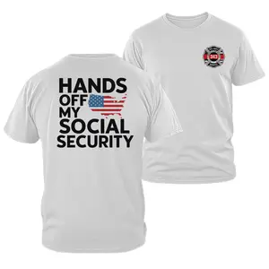 Hands Off My Social Security Shirt, Social Security Protest T Shirt, Political Statement Graphic Tee, USA Flag Map Design, Bold Typography Back Print Tee, Front Chest Fire Dept Badge Logo, Soft Cotton Blend Unisex Shirt, Gift for Activists