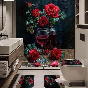 1/4pc rose wine pattern bathroom set, The 4-piece set includes a single shower curtain, anti slip floor mat, toilet U-shaped mat, toilet lid mat, with shower curtain hook, and belongs to bathroom decoration products