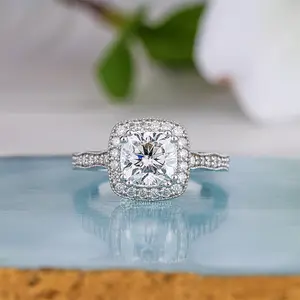 Cushion Cut Moissanite Halo Engagement Ring