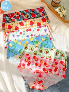 6-Pack Women's Underwear with Fruit Print Design, Seamless, Comfortable, Skin-Friendly, Sexy, Half-Back, Sports Invisible Bikini, Intimates Panties, Soft Underwear, Soft Comfy Panty